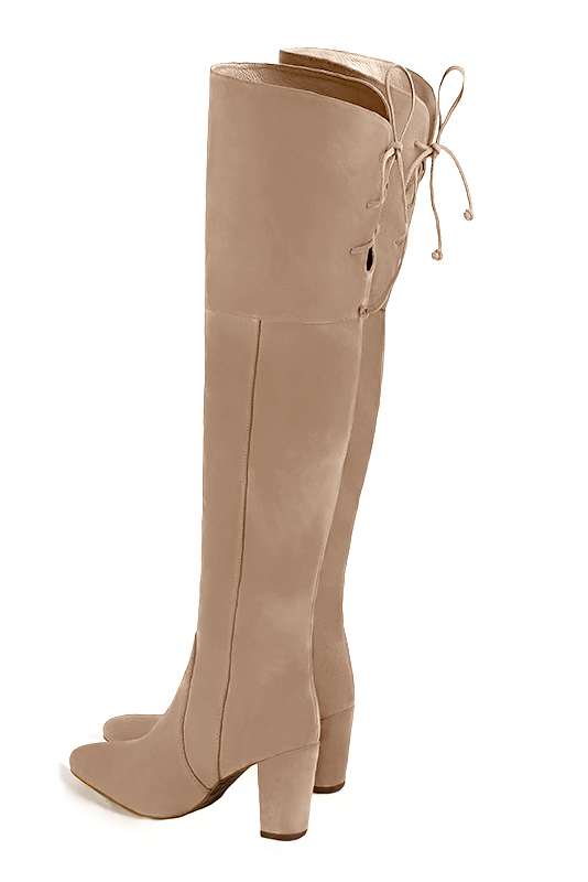 Tan beige women's leather thigh-high boots. Round toe. High block heels. Made to measure. Rear view - Florence KOOIJMAN